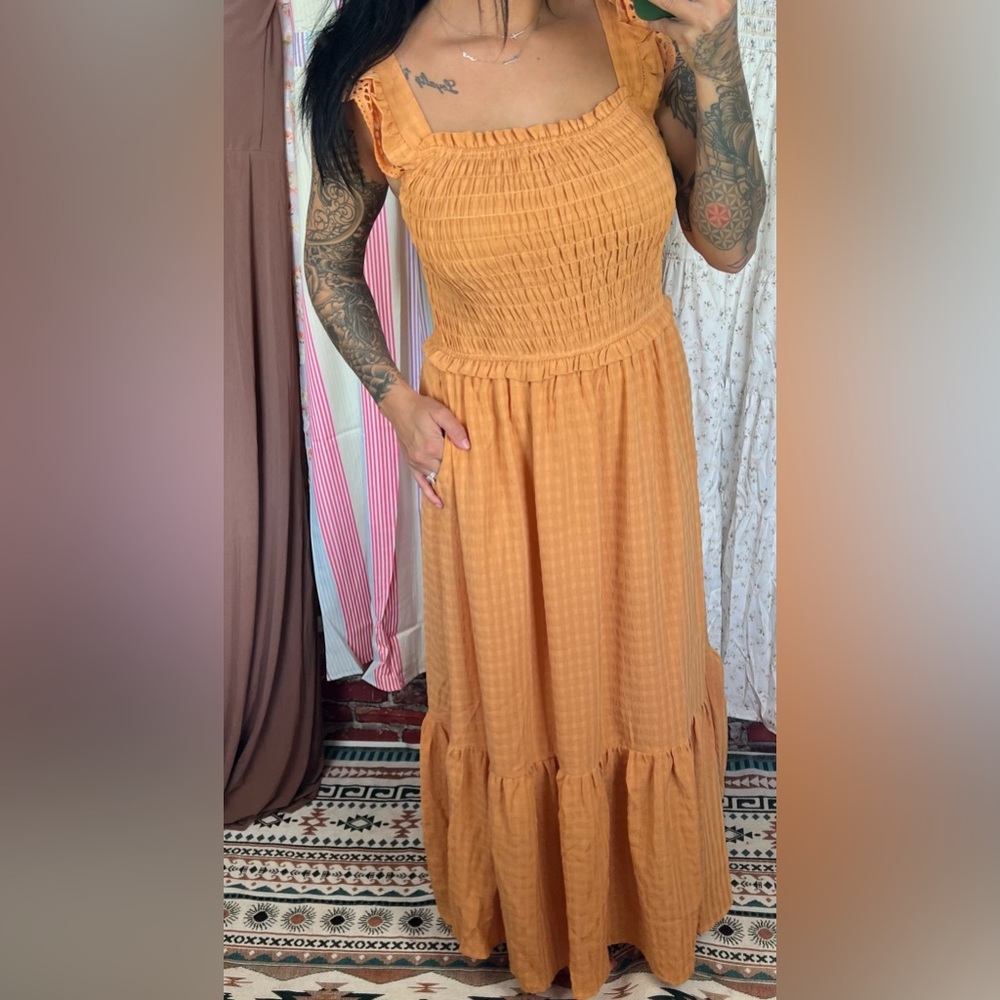 ruffle detailed shoulder dusty orange maxi